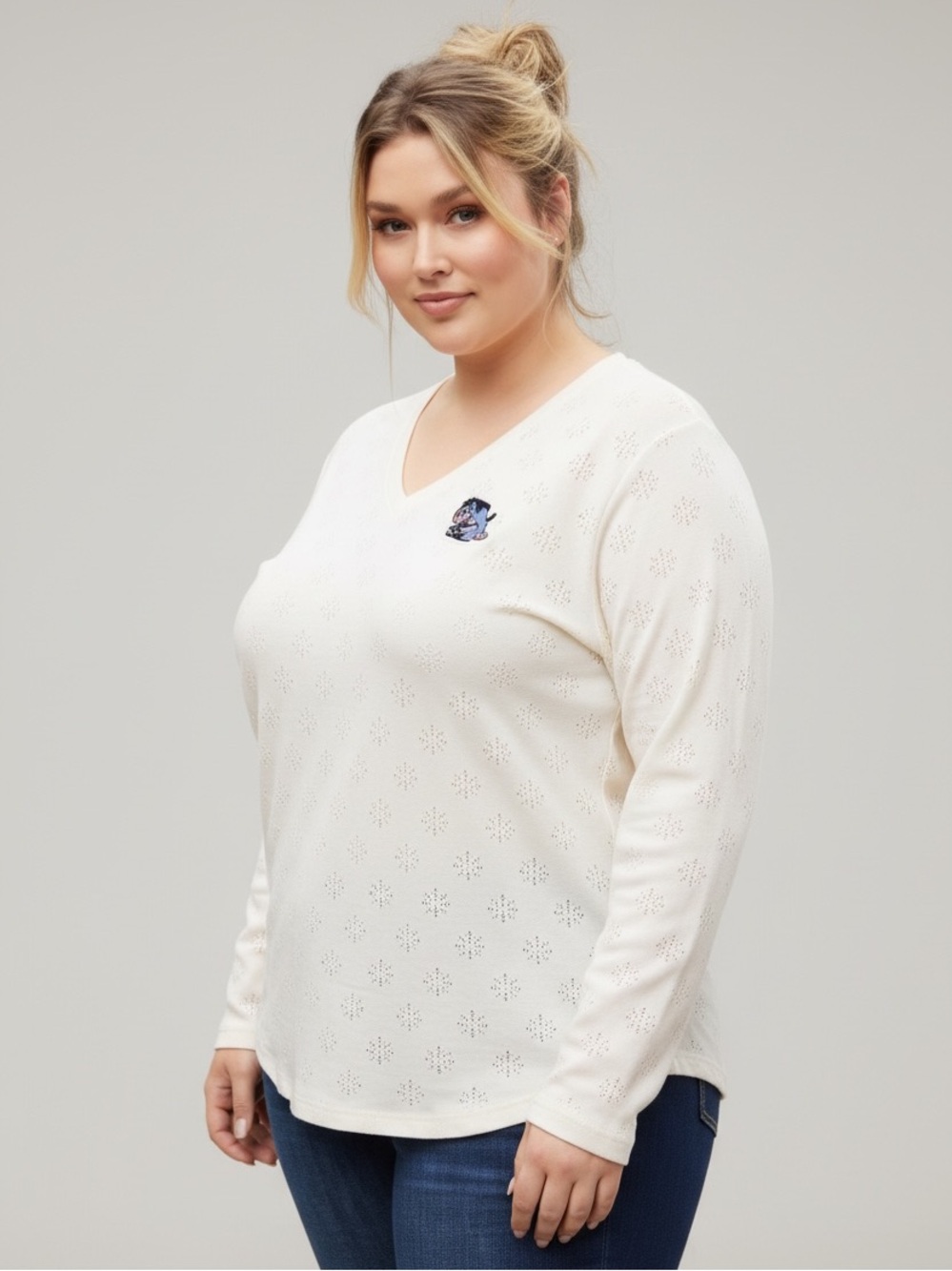 Vintage Disney Eeyore Cream Long Sleeve V-Neck Eyelet Top